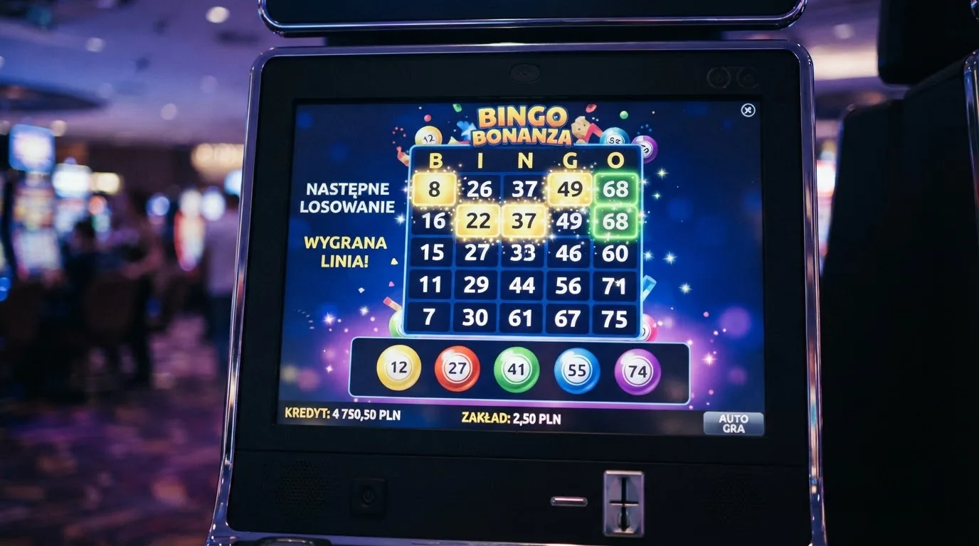 Ekran automatu do gry z kolorową planszą w stylu bingo i podświetlonymi liczbami