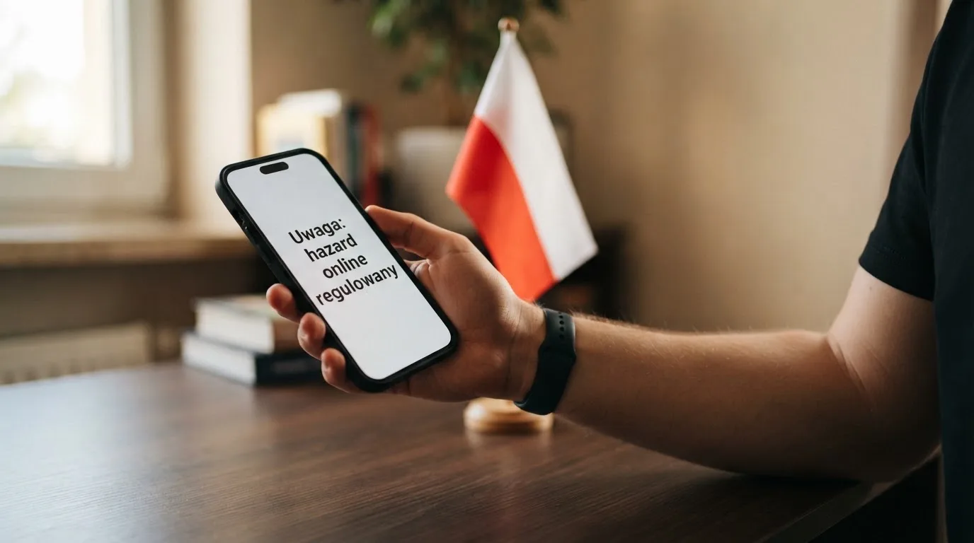 Dłoń trzymająca telefon z widocznym komunikatem ostrzegawczym o legalności hazardu online na tle biało-czerwonej flagi Polski.