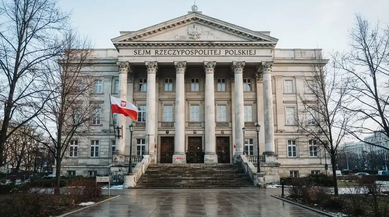 Fasada budynku instytucji państwowej z flagą Polski, symbol nadzoru regulatora nad rynkiem gier hazardowych