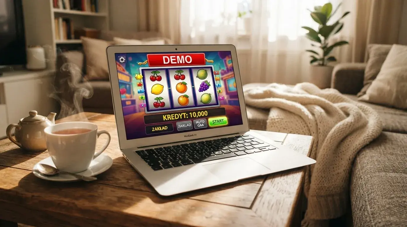 Ekran laptopa z automatem w trybie demo i saldem wirtualnych kredytów, obok kubek herbaty na stole w salonie