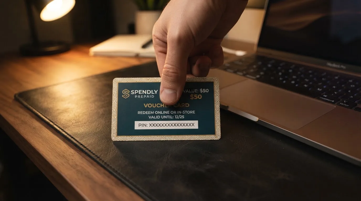 Karta przedpłacona Paysafecard z zasłoniętym polem kodu PIN obok klawiatury laptopa