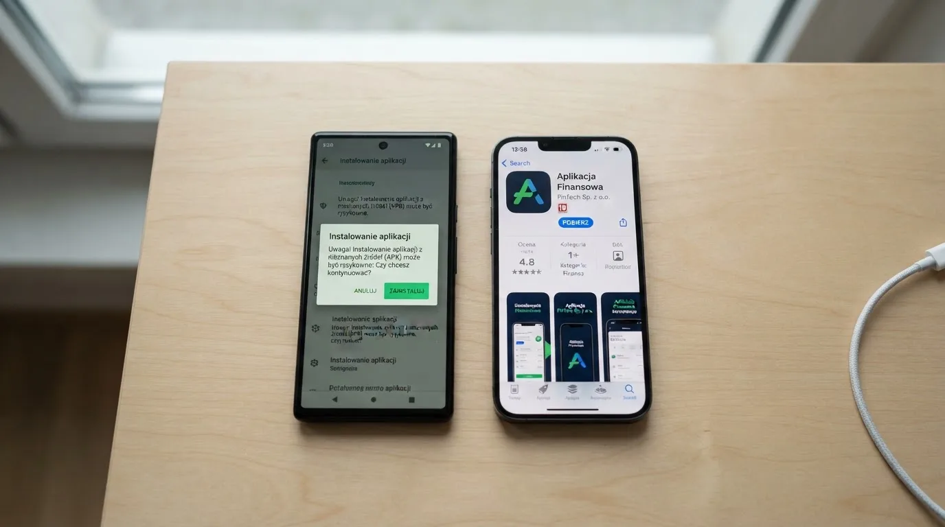 Dwa telefony obok siebie: na jednym komunikat zgody na instalację pliku APK z nieznanego źródła, na drugim strona aplikacji w sklepie z przyciskiem pobierania