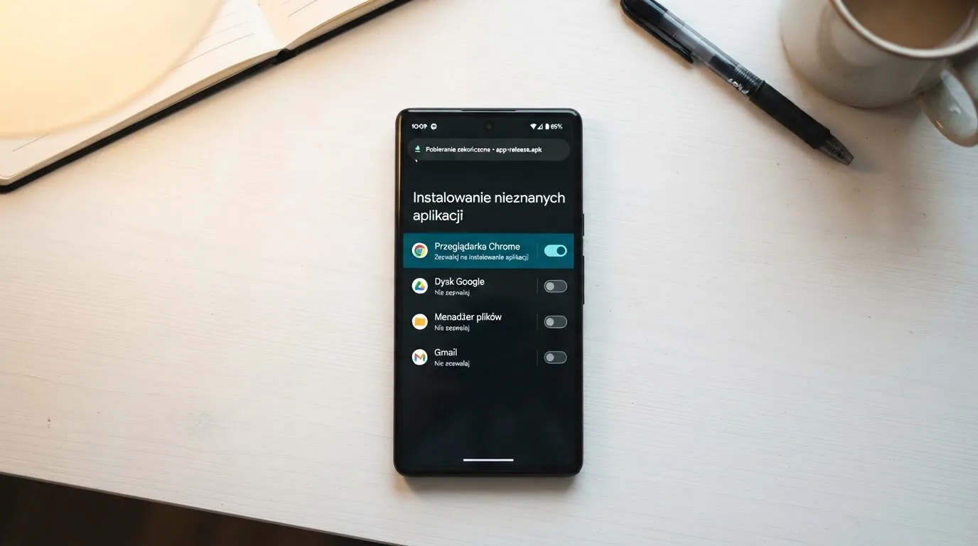 Ekran ustawień Androida z przełącznikiem zgody na instalację aplikacji z nieznanego źródła i pobranym plikiem instalacyjnym na liście