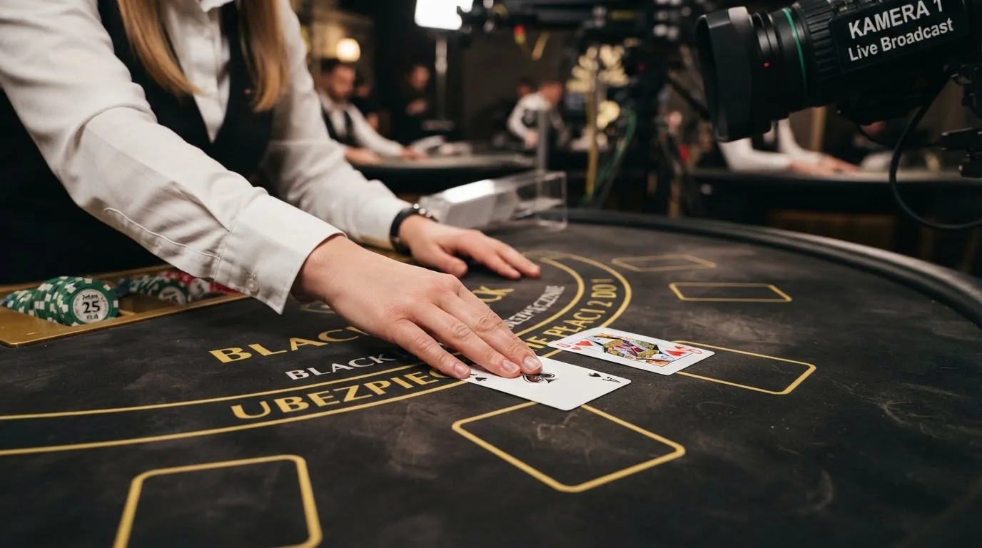 Krupier rozdający karty przy stole blackjacka podczas transmisji na żywo