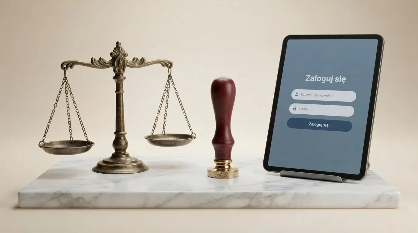 Symboliczna pieczęć urzędowa i waga obok ekranu logowania do serwisu hazardowego