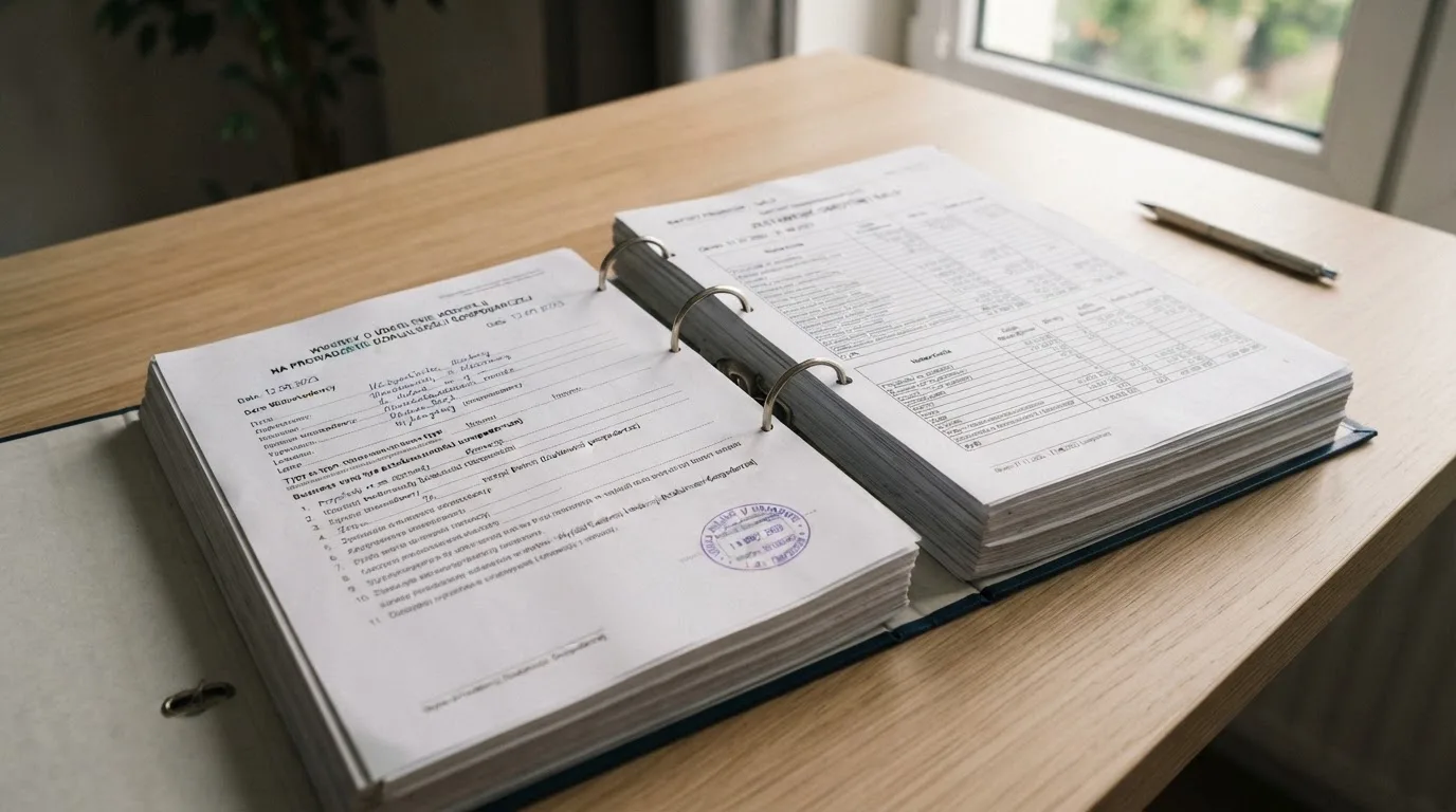 Segregator z wnioskiem o koncesję na kasyno gry, wydrukiem sprawozdania finansowego i urzędową pieczątką leżący na biurku
