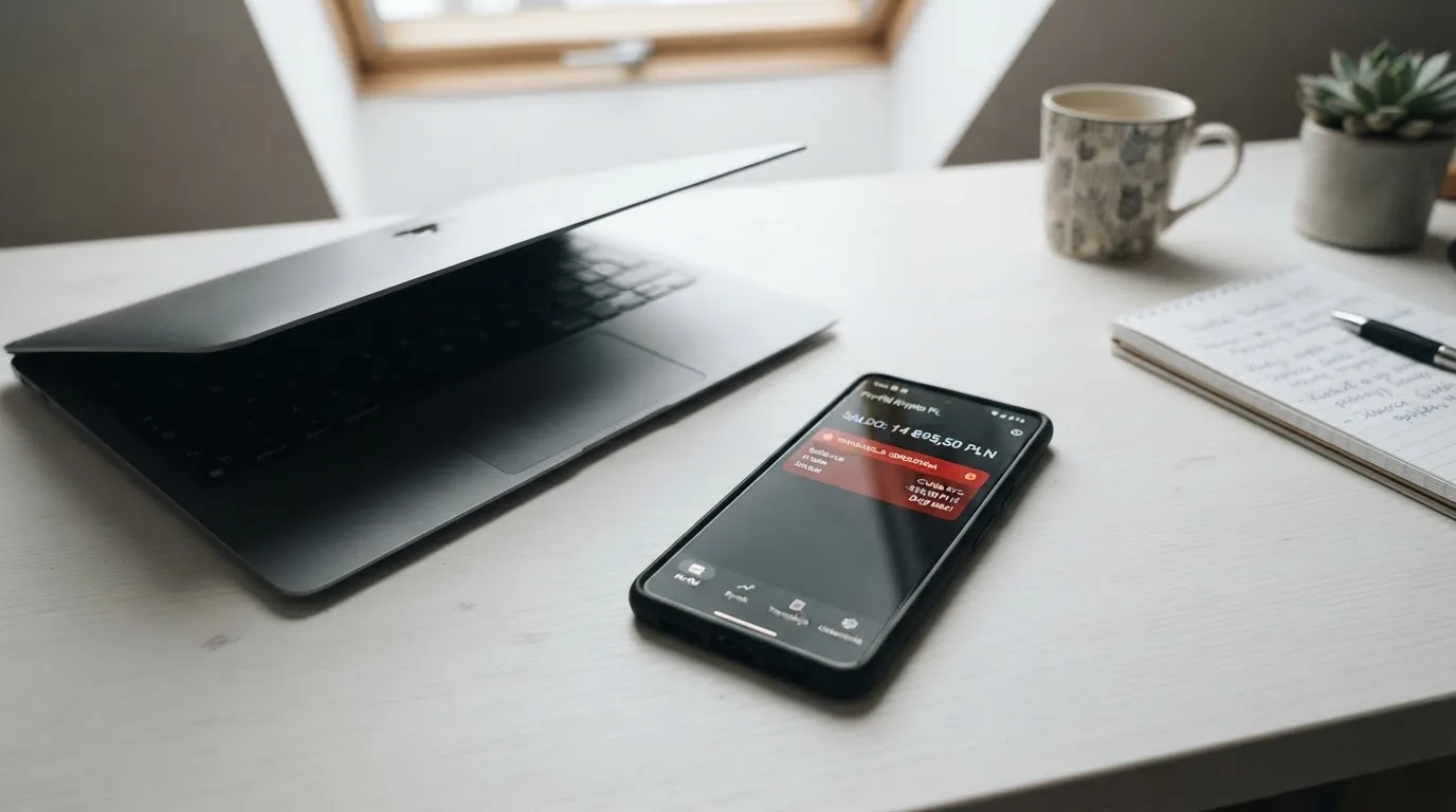 Smartfon z otwartym portfelem kryptowalut i komunikatem o odrzuconej płatności leżący obok laptopa