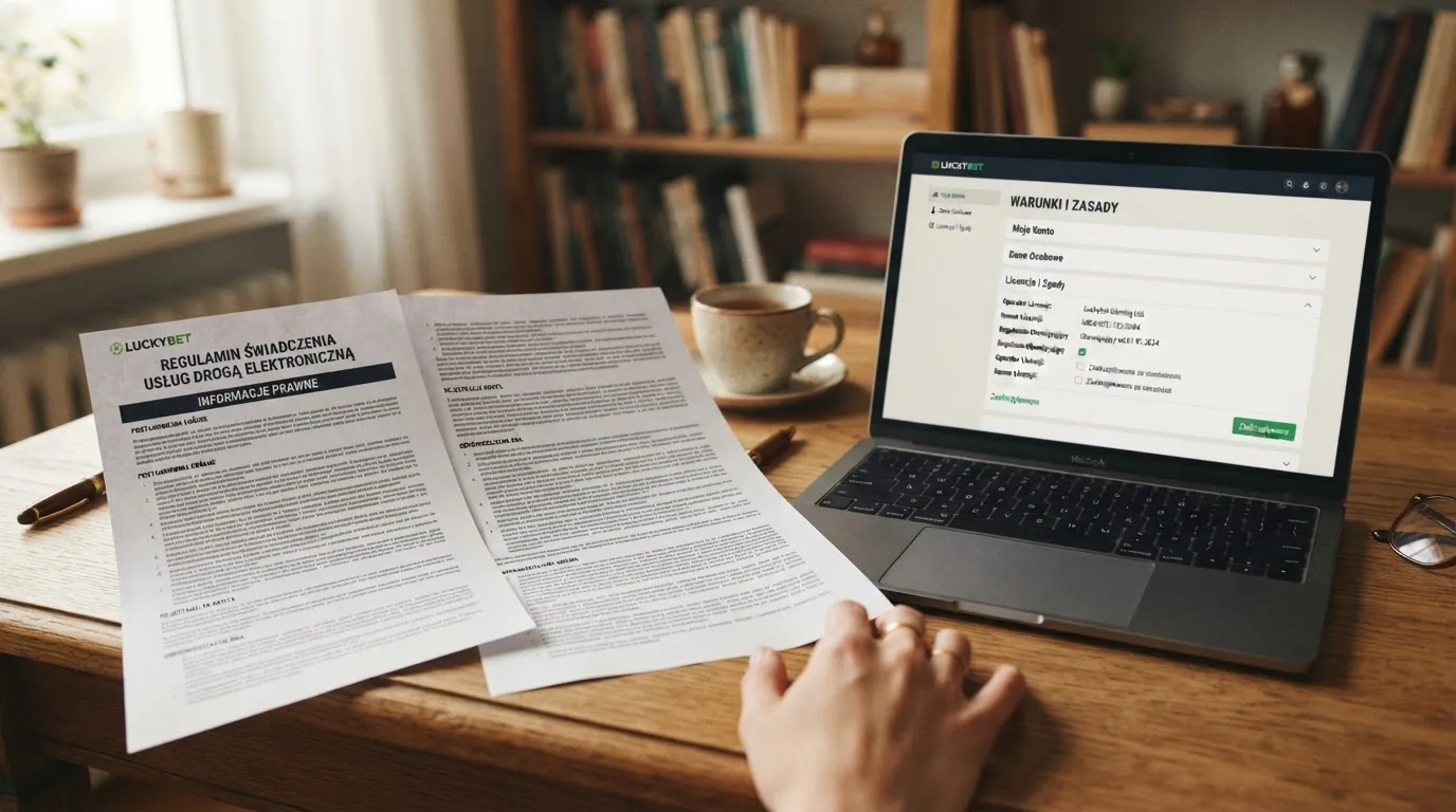 Dokument regulaminu operatora kasyna online rozłożony obok laptopa z otwartą stroną warunków gry
