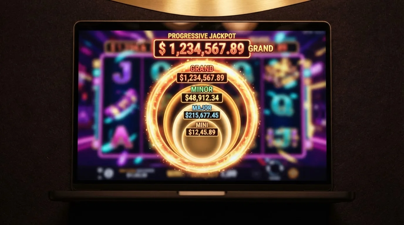 Kołowy wskaźnik jackpota z czterema poziomami nagród na ekranie automatu online, rosnąca pula w tle