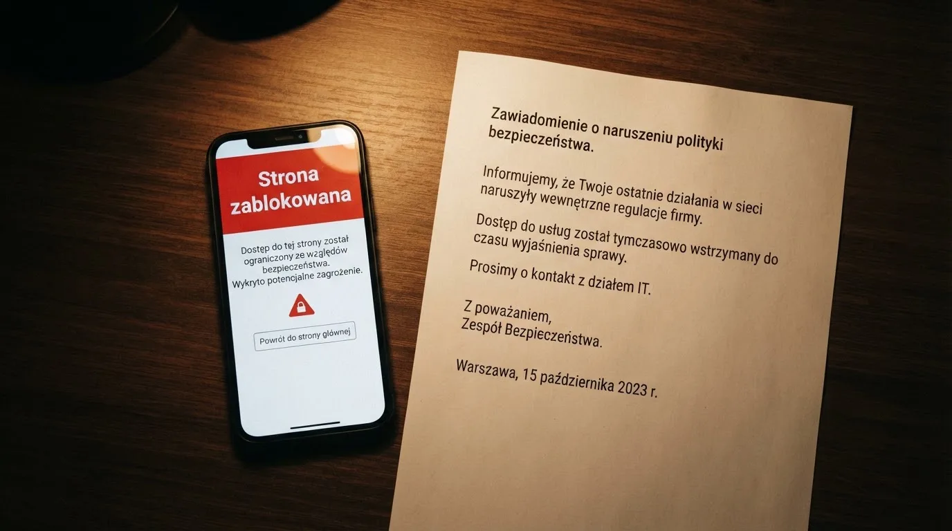 Biurko z wydrukiem ustawy o grach hazardowych i telefonem wyświetlającym komunikat o zablokowanej stronie kasyna