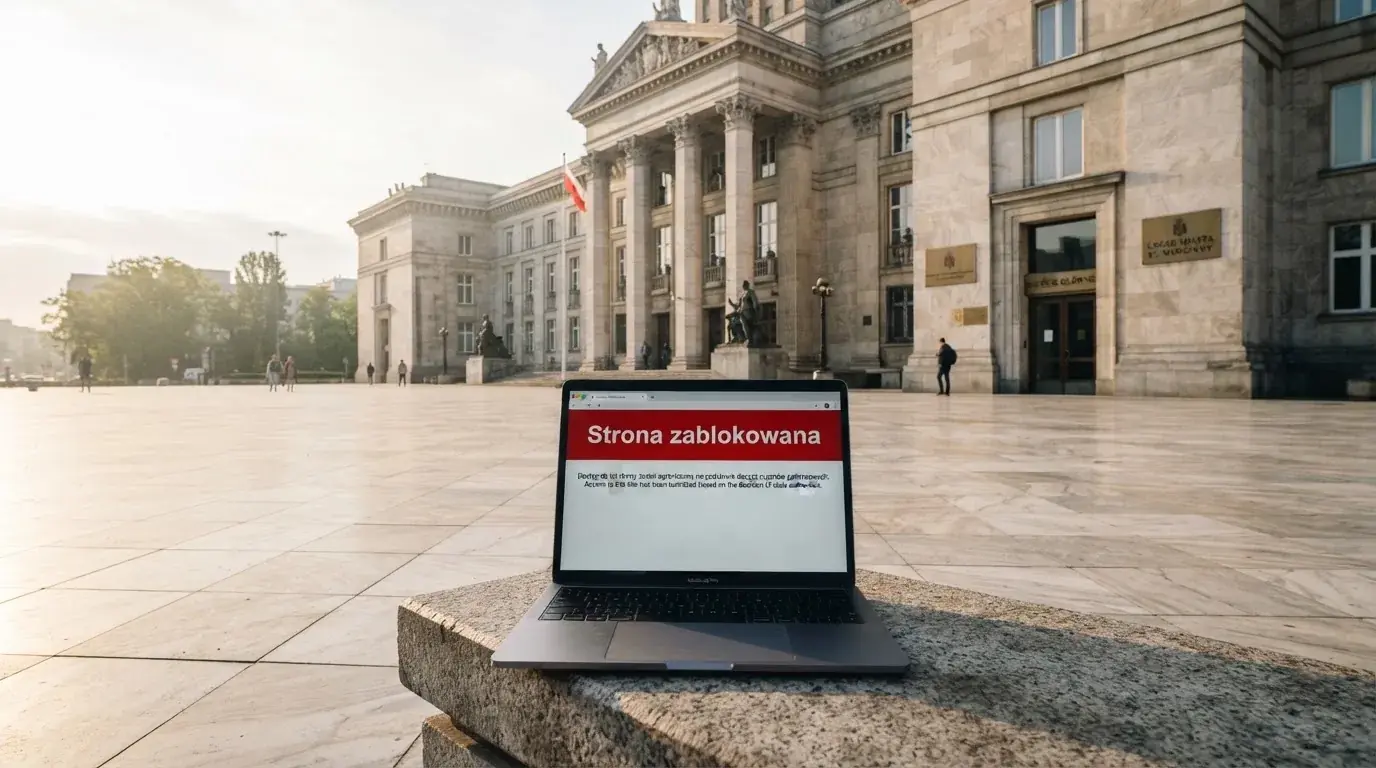 Budynek urzędu z tablicą ministerstwa, na pierwszym planie laptop z komunikatem o zablokowanej stronie kasyna