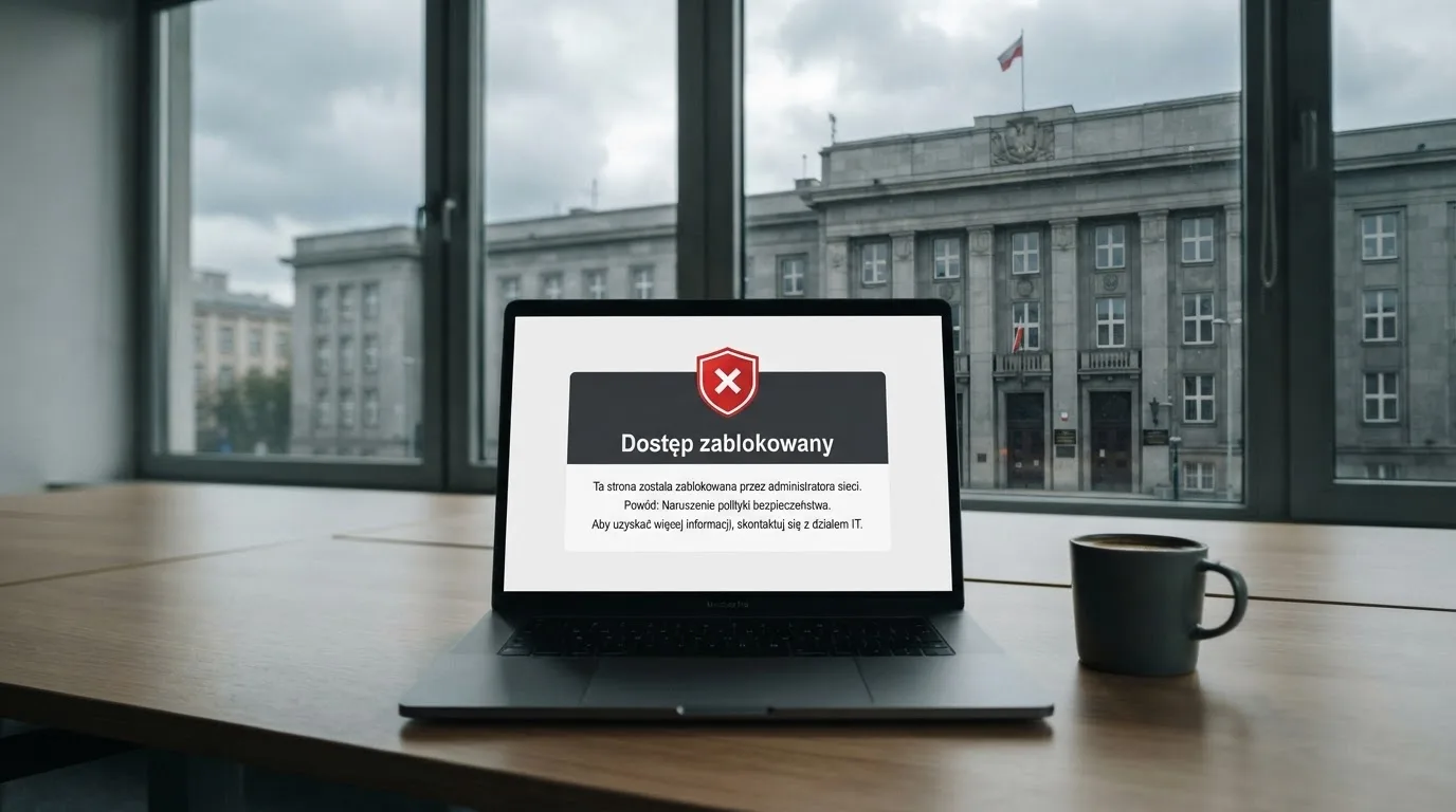 Laptop z komunikatem o zablokowanej stronie hazardowej, w tle budynek urzędu z tablicą ministerstwa
