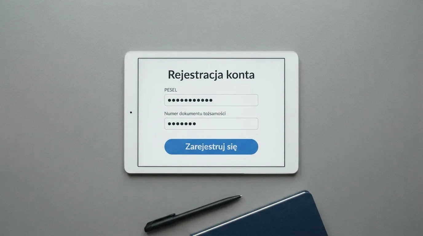 Formularz rejestracji konta gracza z polami na PESEL i numer dokumentu tożsamości na ekranie tabletu
