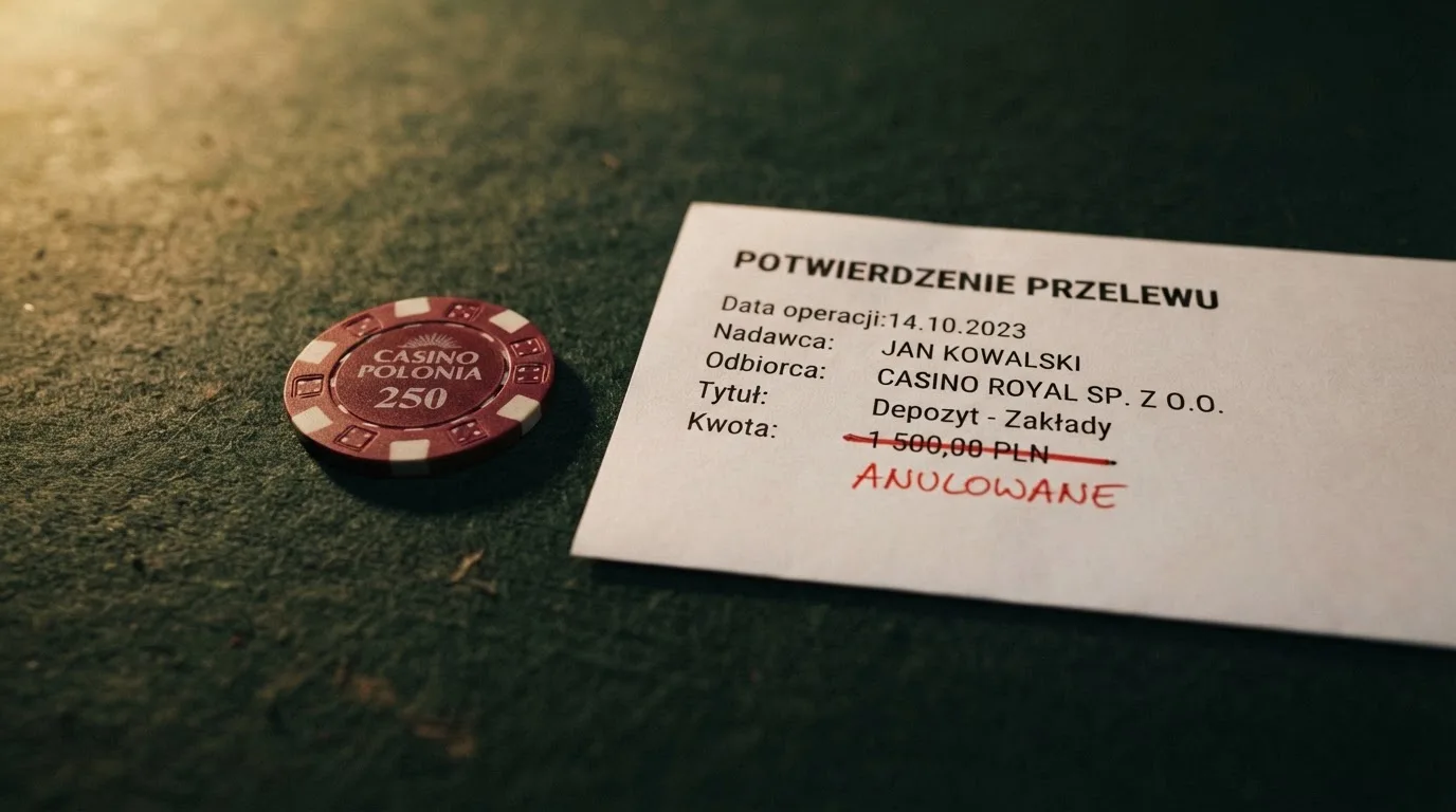 Otwarty tekst ustawy o grach hazardowych z zakreślonym artykułem, obok wydruku potwierdzenia przelewu wygranej