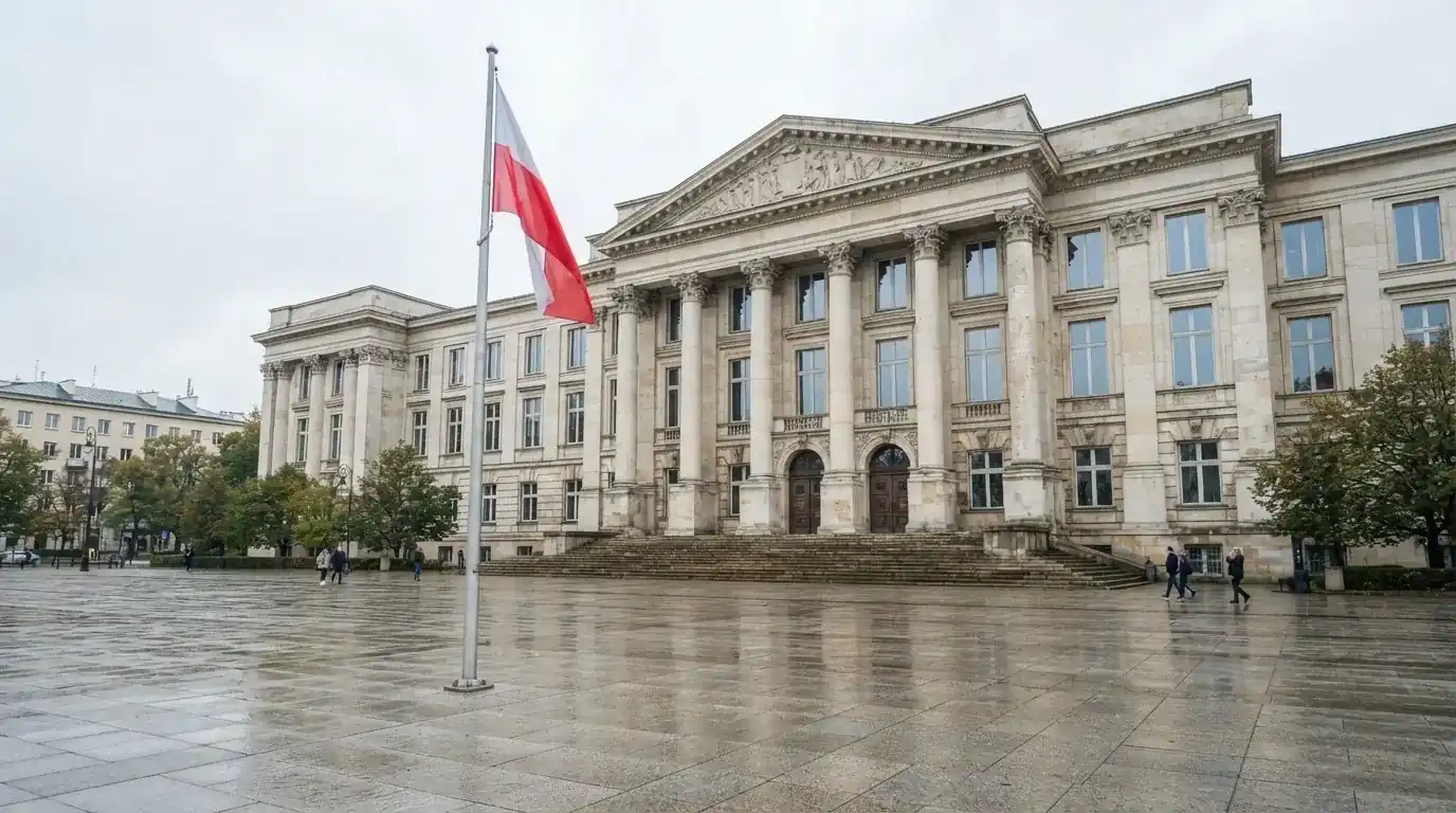 Budynek urzędu administracji państwowej z flagą Polski na maszcie w tle