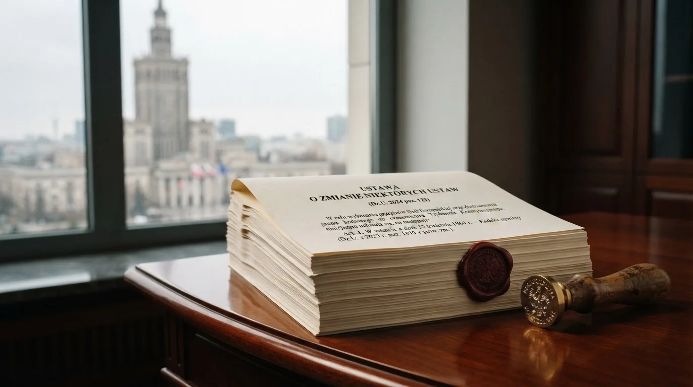 Stos dokumentów urzędowych i pieczęć na biurku, w tle sylwetka budynku administracji publicznej