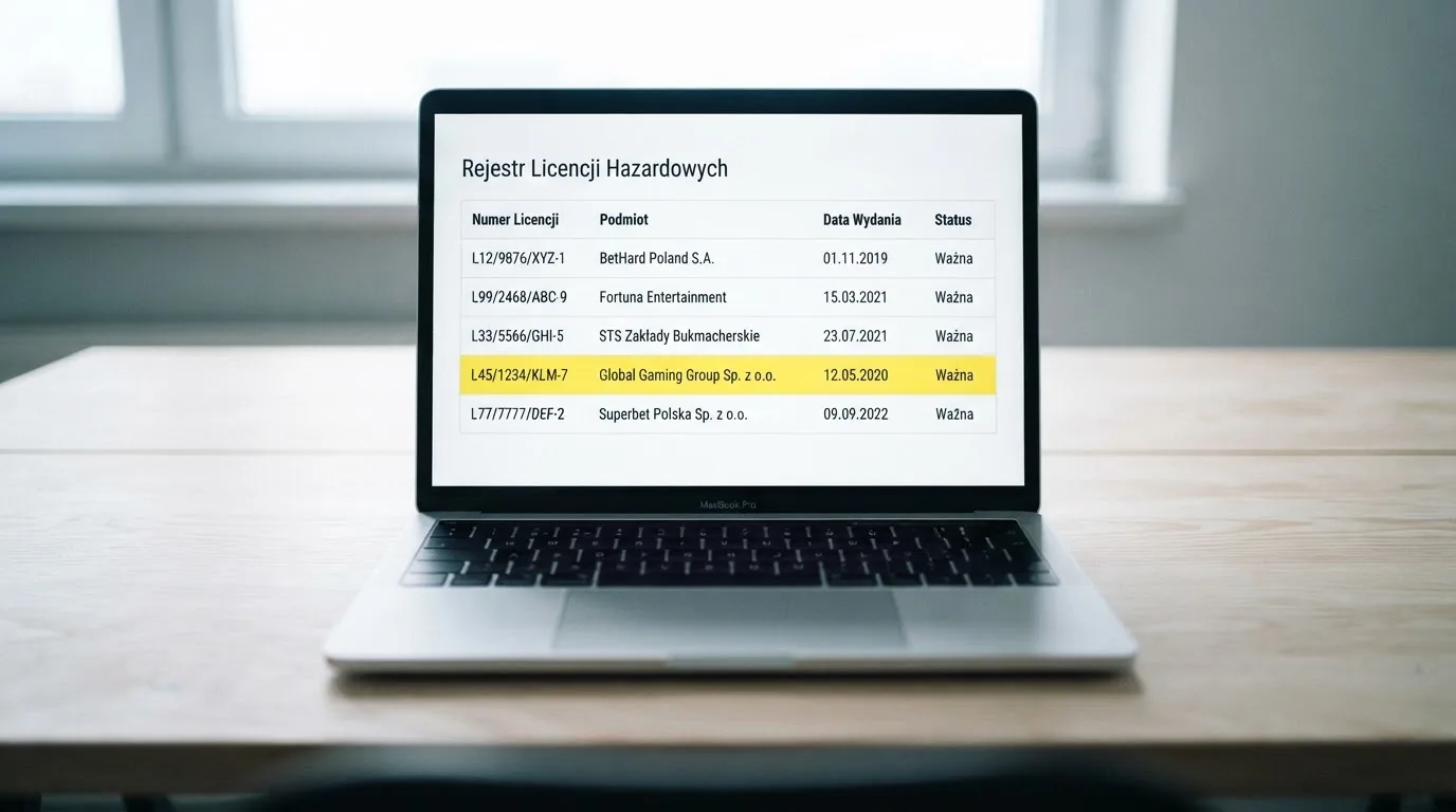 Ekran laptopa z otwartym rejestrem licencji regulatora z Curaçao, w którym jeden wiersz zaznaczono żółtym podświetleniem