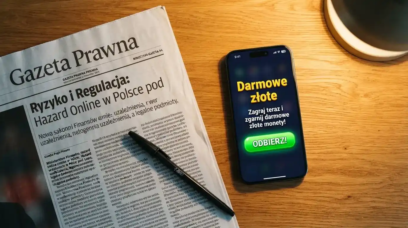 Telefon z wyskakującym banerem obiecującym darmowe złotówki za rejestrację, obok wydruk ustawy o grach hazardowych