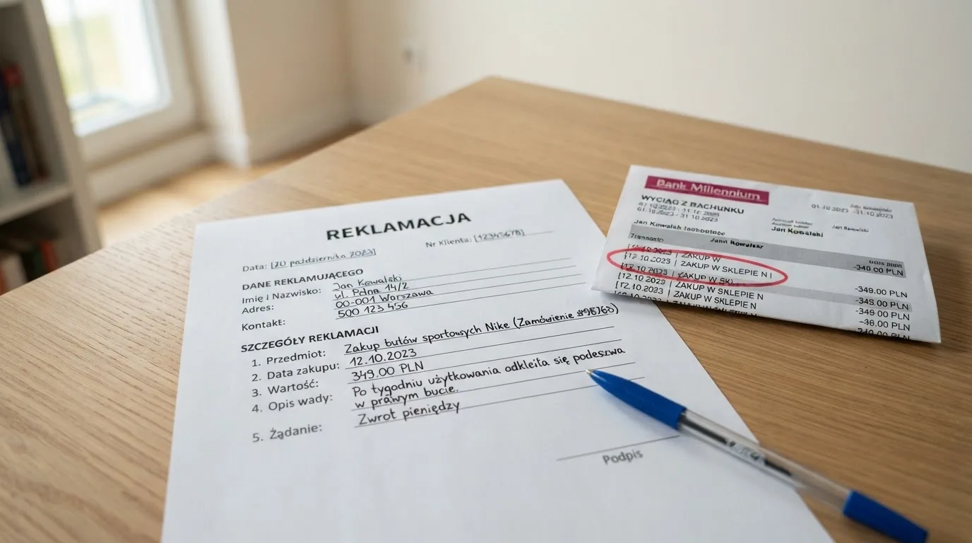 Wydrukowany formularz reklamacji leżący na biurku obok długopisu i wyciągu bankowego z zakreśloną pozycją