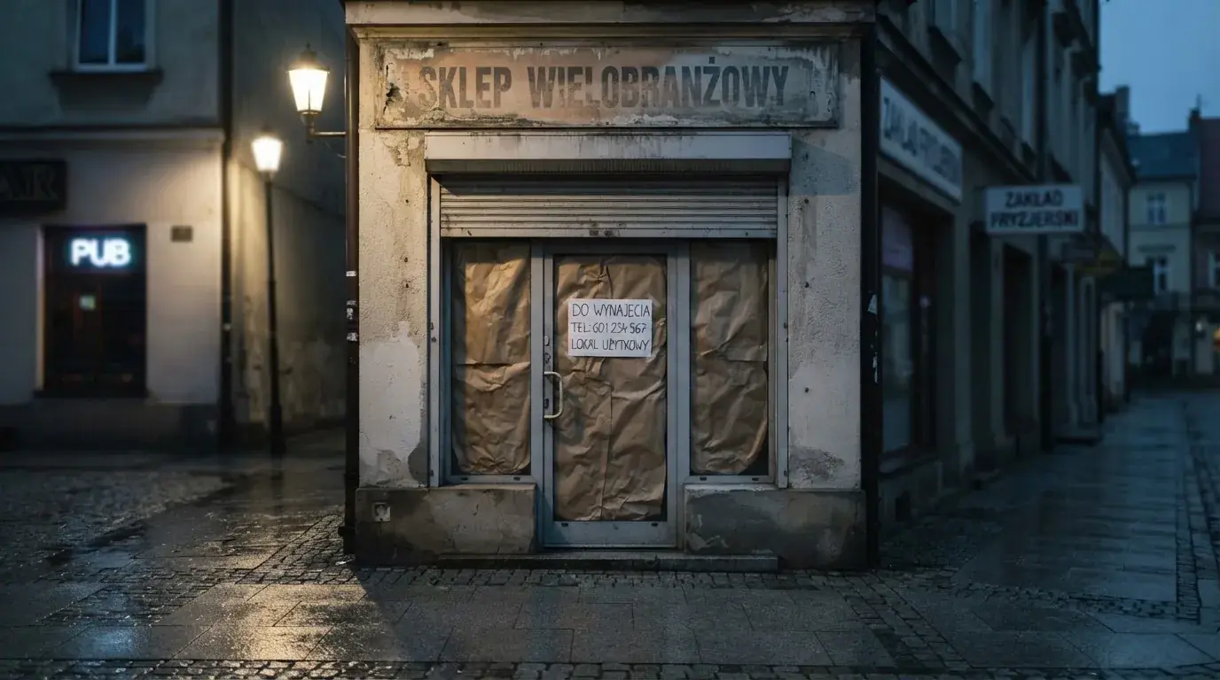 Pusty, zamknięty lokal handlowy z tabliczką „do wynajęcia”, symbolizujący brak działających salonów gry bingo pieniężne