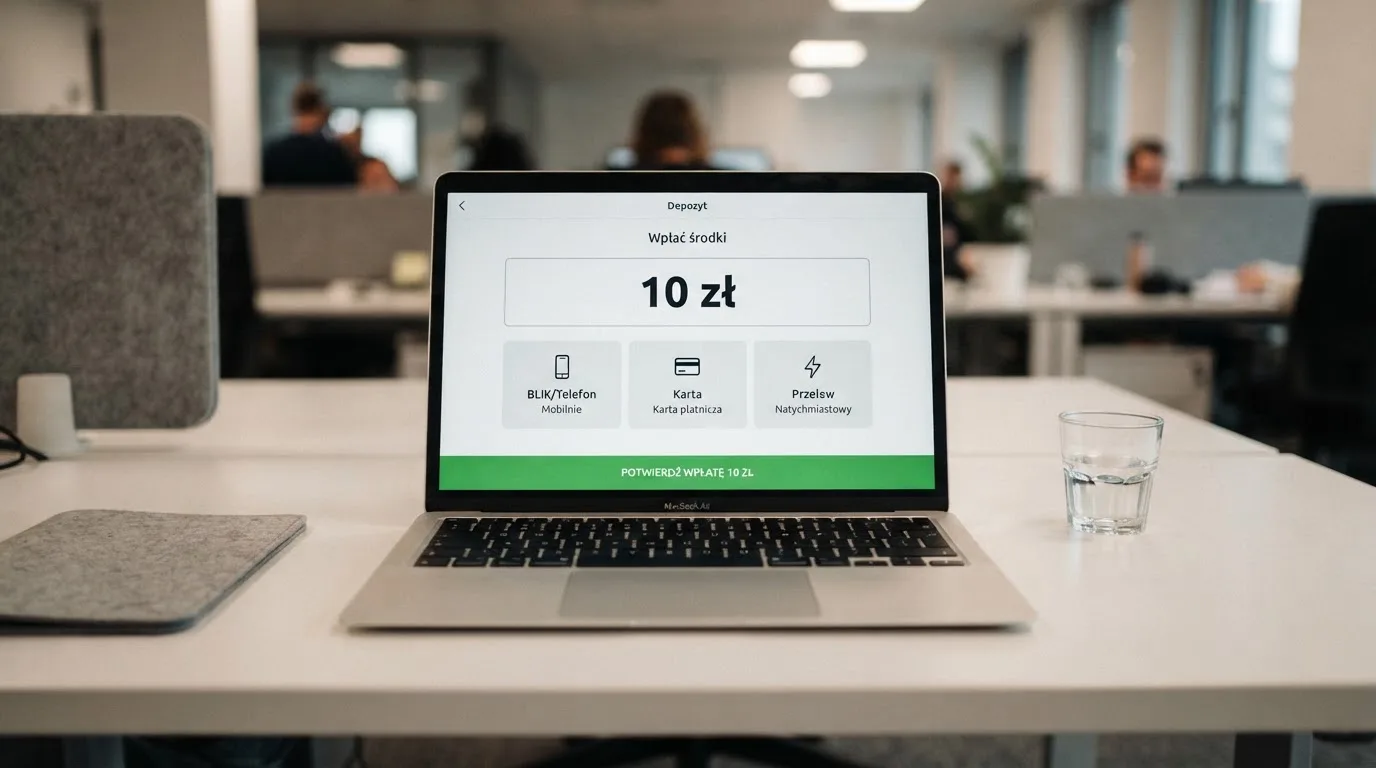 Laptop z otwartym oknem wpłaty na kwotę 10 zł i listą metod: BLIK, karta płatnicza, szybki przelew
