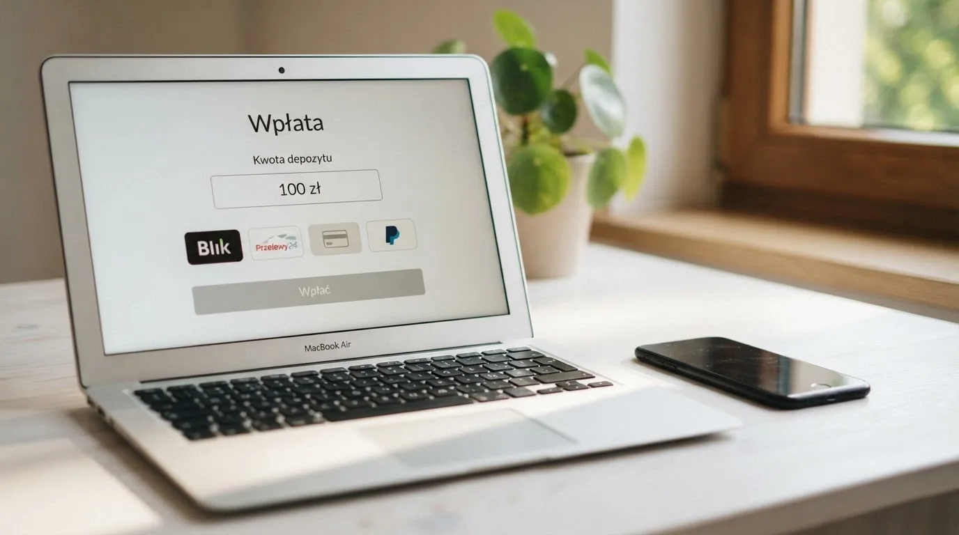 Laptop z oknem wpłaty na ePortfel, wpisana kwota 100 zł i lista metod: BLIK, karta płatnicza, szybki przelew