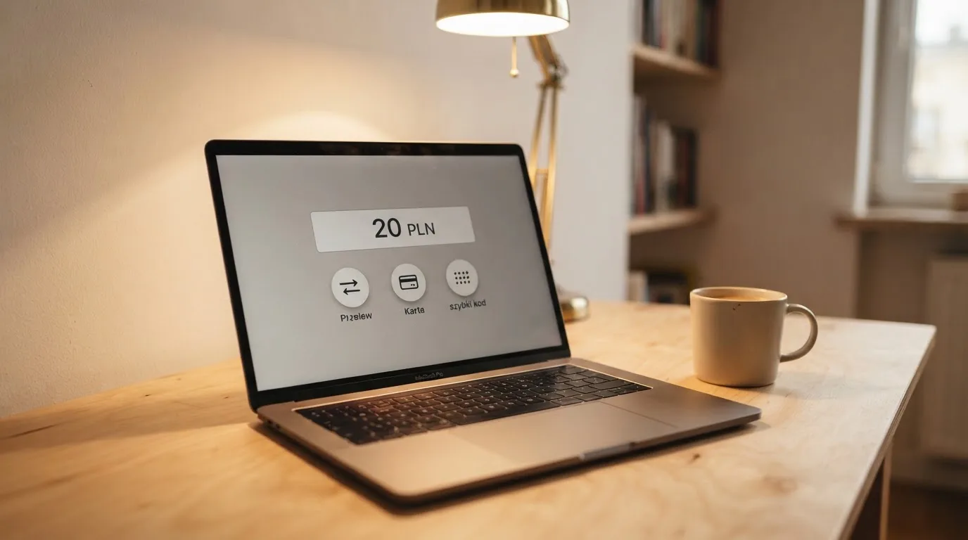 Laptop z otwartym formularzem wpłaty na kwotę 20 zł i wyborem między szybkim przelewem, kartą płatniczą a BLIK-iem
