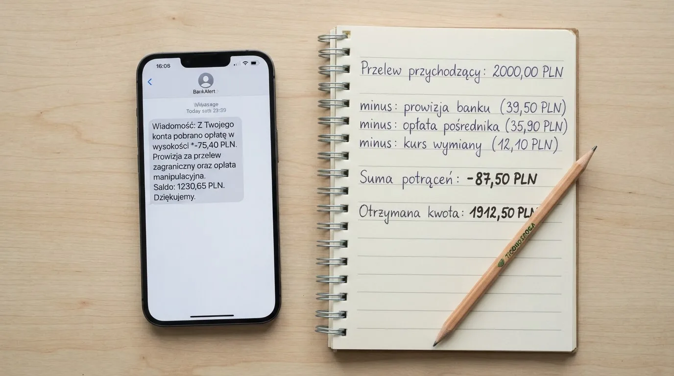 Ekran telefonu z wiadomością SMS obok kalkulatora liczącego opłaty